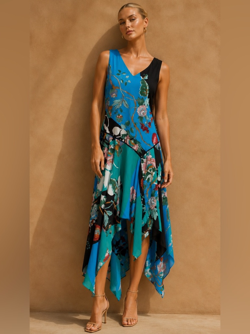 Taylor Jade Floral Asymmetrical Handkerchief Hem Dress NEW Size 2 Turquoise Teal